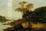 Landscape along a river with horsemen Jacob van der Does